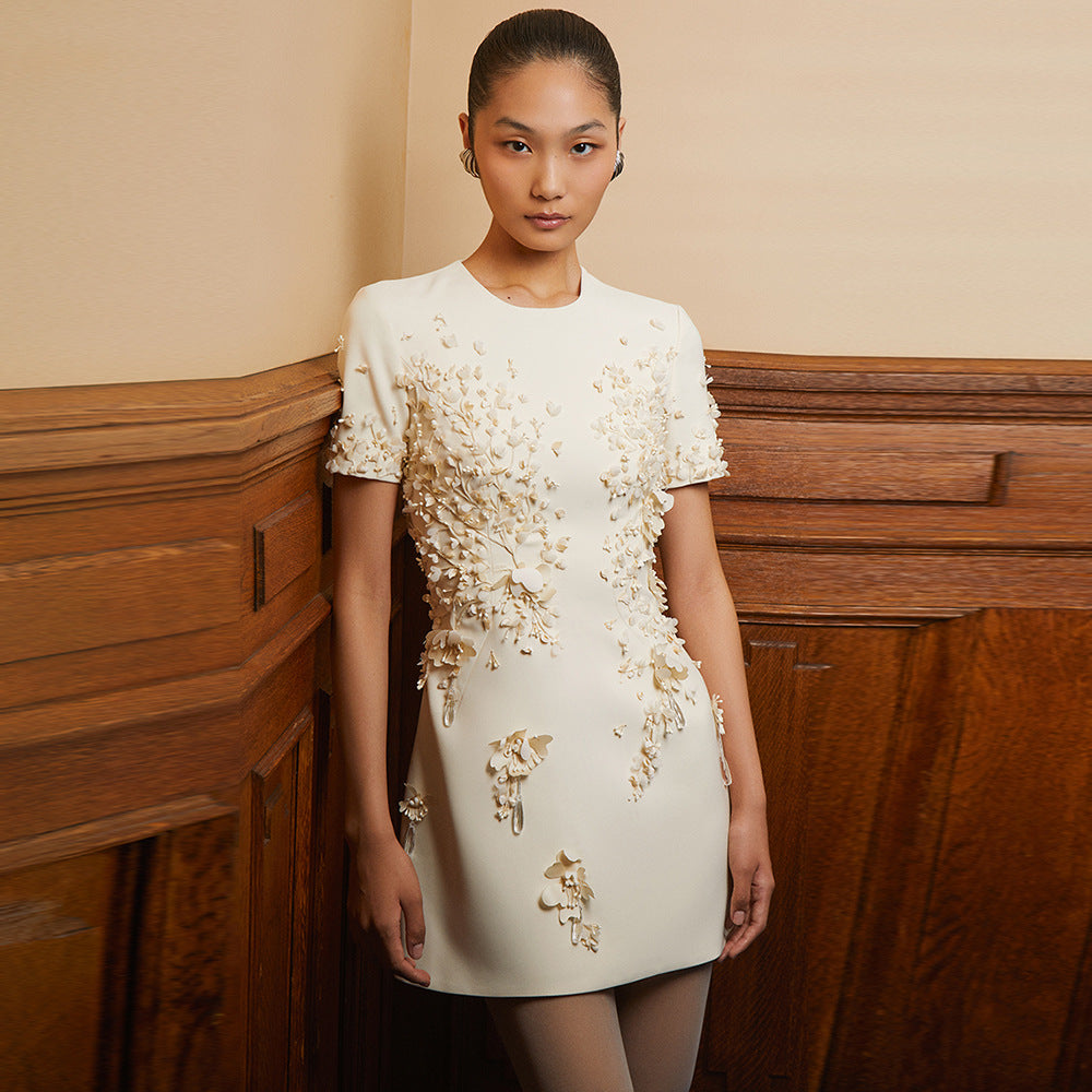Spring Summer Star Heavy Industry Three Dimensional Floral Beaded Short Sleeve Dress Olady