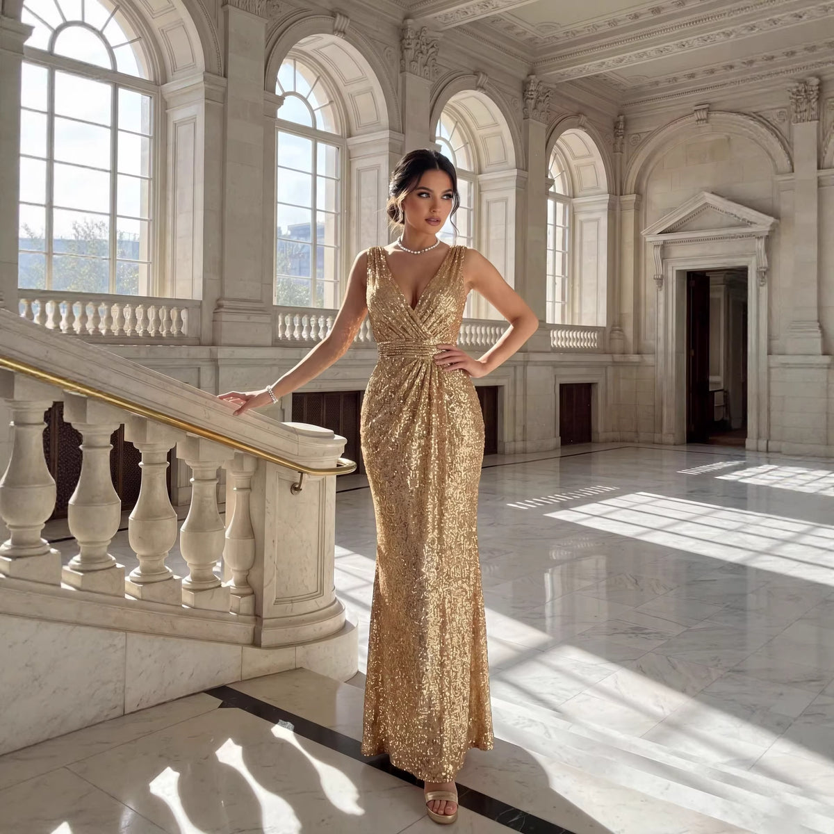 Spring Summer Women Clothing Deep V Plunge Sexy Backless Dress Gold Premium Sequined Evening Dress RayWin
