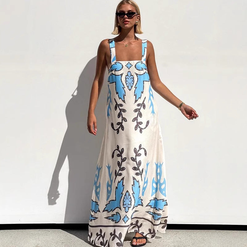 Summer Sexy Spaghetti-Strap Floral Print Dress Casual Loose Vacation Dress Zemy
