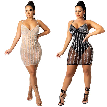 Rhinestone Pearl See-through V-neck Brace Sexy Dress Nightclub Uniforms Plus size