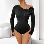 Three Dimensional Floral Body Shaping Corsets Women Outer Wear Sexy One Shoulder Cold Shoulder Long Sleeve Slim Fit Top Jeme