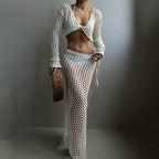 Summer Beach Women Solid Color Sexy Knitted Beach Bikini Swimsuit Blouse Sun Proof Set Mangar