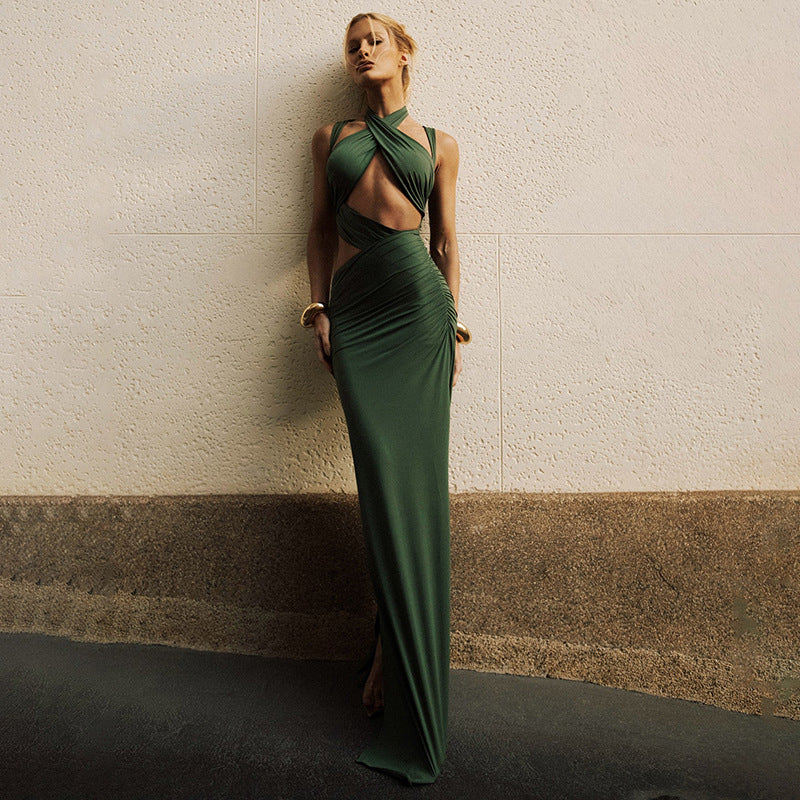 Autumn Winter Women Stitching Sexy Hollow Out Cutout out Solid Color Slim Fit Sheath Fishtail Dress Dores