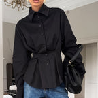Court White Cotton Shirt Women Light Luxury Pleat Waisted Slim-Fit Long-Sleeved Collared Shirt FOREVEREIGHTEEN