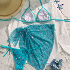 Summer Women Blue Sequined Spaghetti Strap Halter Holiday Sexy Beach Three Piece Bikini Swimsuit OLam