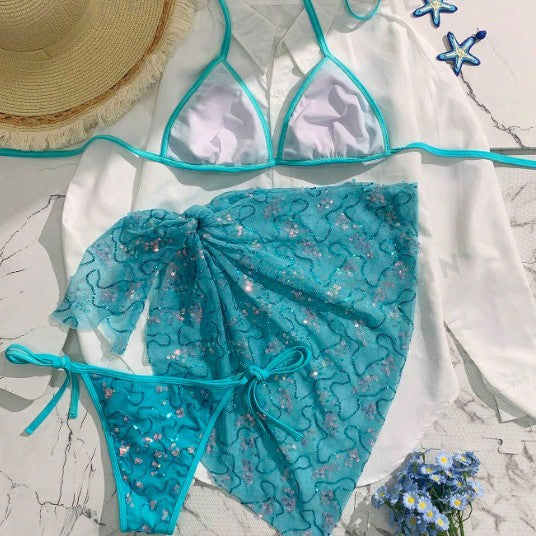 Summer Women Blue Sequined Spaghetti Strap Halter Holiday Sexy Beach Three Piece Bikini Swimsuit OLam