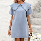 Wooden Ear Large Collared Short Sleeve Side Pocket Washed Denim Dress MANNY