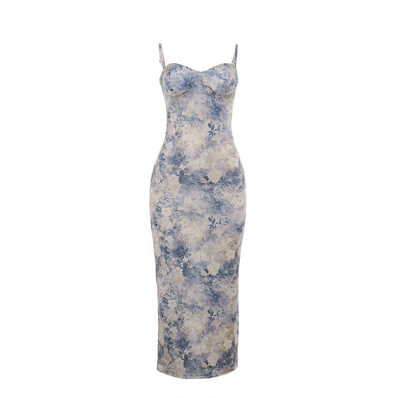 Chest Showing Printing Slip Dress Women Spring Elegant Vacation Dress