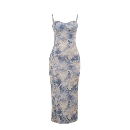 Chest Showing Printing Slip Dress Women Spring Elegant Vacation Dress