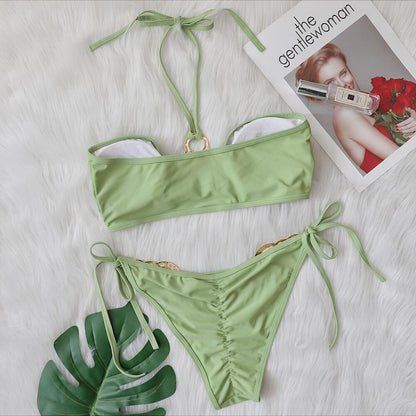 Nuevo traje de baño sexy con accesorios de metal, bikini con recortes ahuecados, top de tubo de color liso con tirantes, traje de baño para mujer