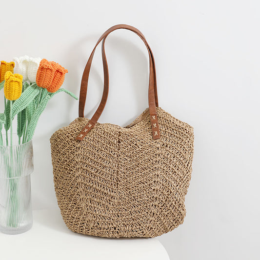 Bolso de paja retro, portátil, de gran capacidad, tejido para el hombro, para vacaciones y playa, para mujer 