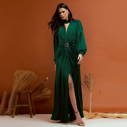 Fall Women Clothing Elegant Sexy Deep V Plunge neck Slim Fit Slit Long Sleeve Dress Women