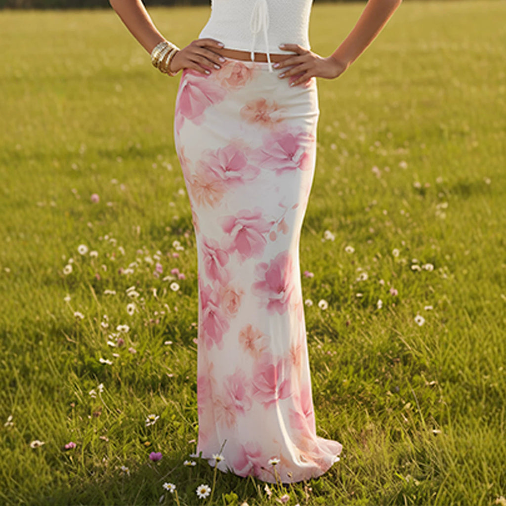 Summer Women Sexy Slim Vacation Mesh Floral Fishtail Skirt George