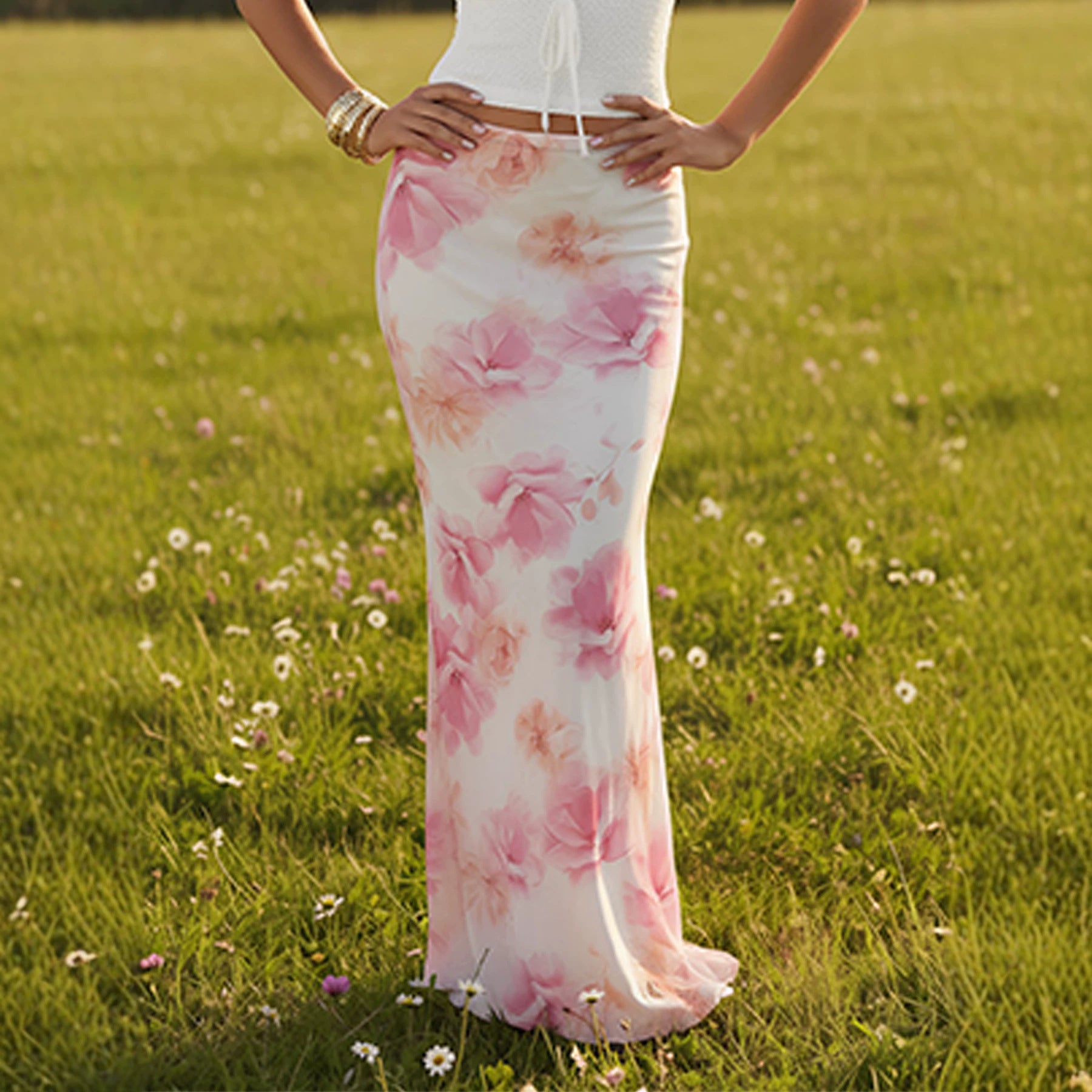 Summer Women Sexy Slim Vacation Mesh Floral Fishtail Skirt George