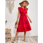 Summer Printed round Neck Ruffled Short Sleeve One Piece Dress for Women HNX