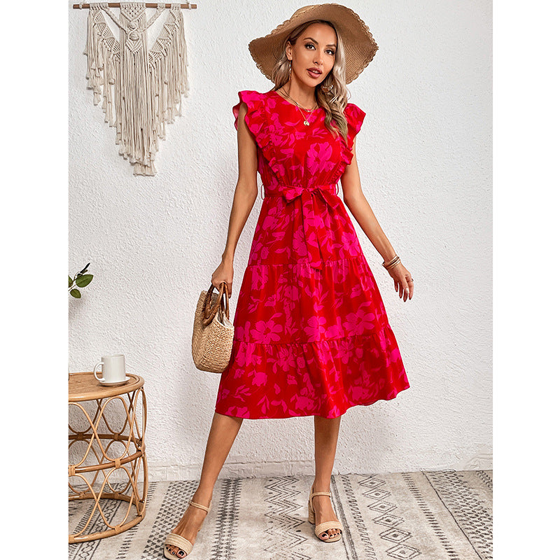Summer Printed round Neck Ruffled Short Sleeve One Piece Dress for Women HNX