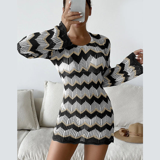 Knitted Dress Women Mixed Color Stripe Backless Lace up Sexy Sheath Dress Short Women