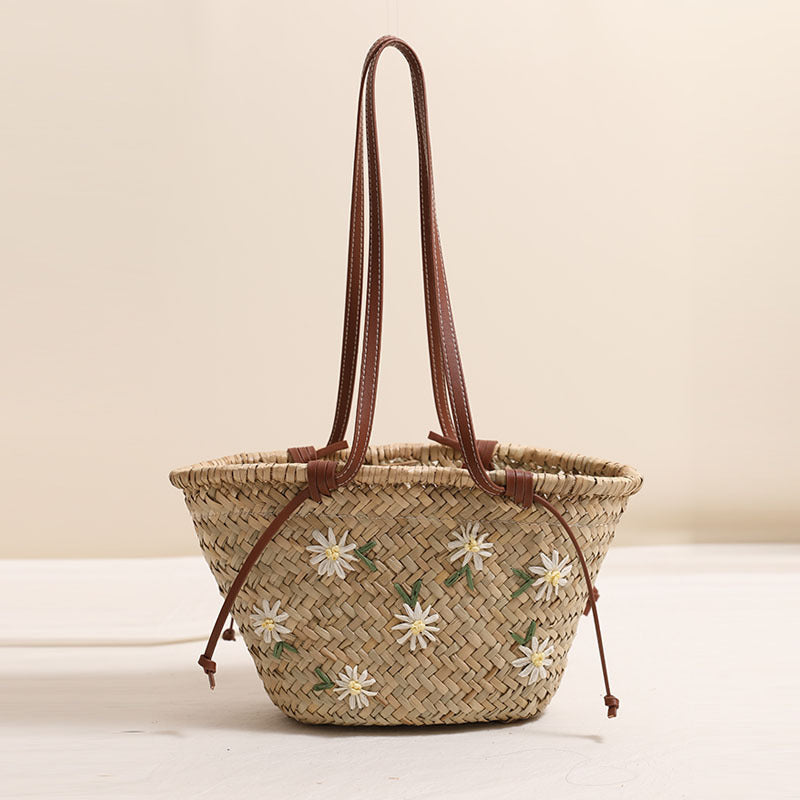 Sac bandoulière en paille brodé de fleurs fraîches, grande capacité, sac tissé en paille Mitsubishi, sac de plage pour les vacances à la mer 