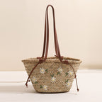 Sac bandoulière en paille brodé de fleurs fraîches, grande capacité, sac tissé en paille Mitsubishi, sac de plage pour les vacances à la mer 