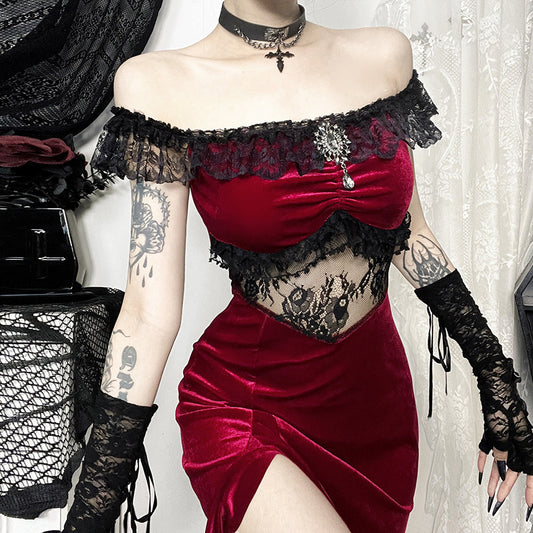 Robe asymétrique irrégulière en velours à épaules dénudées pour femme, style mondain d'automne