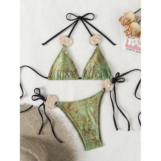 Bikini triangular sexy con cordones para mujer, traje de baño dividido para playa, primavera