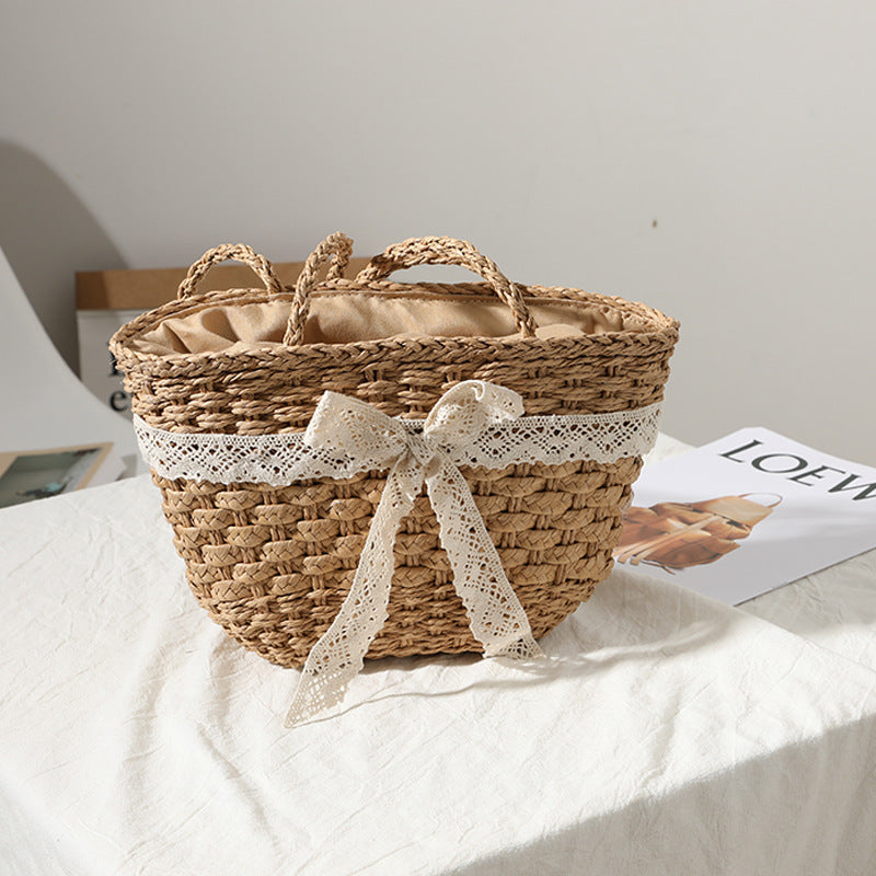 Straw Bag Lace Bow Woven Bag Fairy Seaside Vacation Beach Bag Women Bag EaseWoven