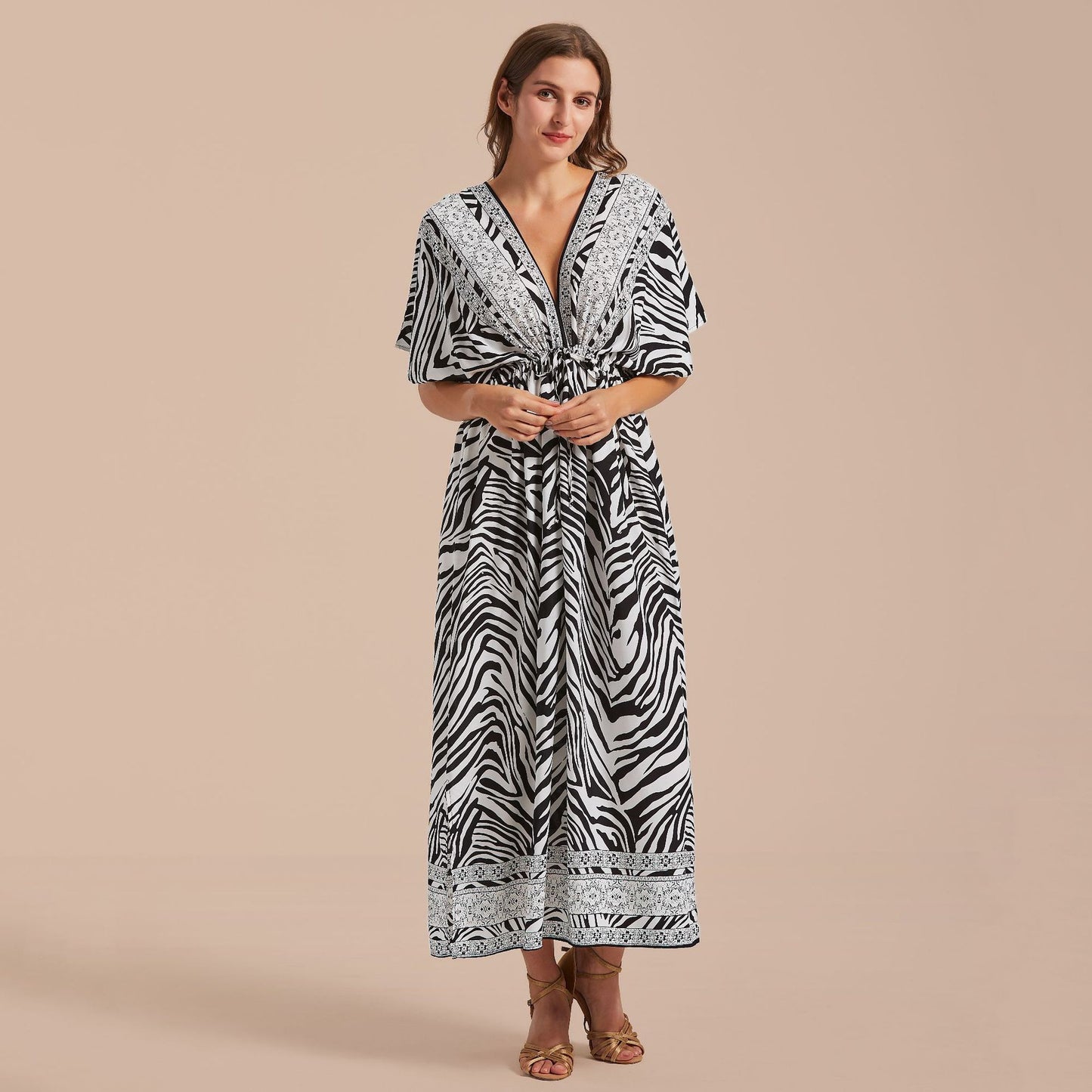 Printed Front Back V neck Pull Belt Holiday Casual Beach Bikini Cover