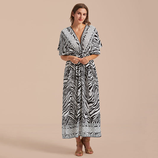 Printed Front Back V neck Pull Belt Holiday Casual Beach Bikini Cover