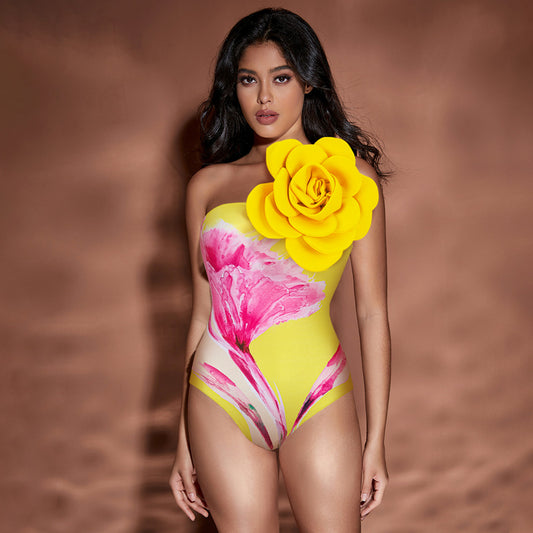 One Piece Swimsuit Women Skinny Slimming Big Floral Bubble Printing Swimsuit Outfit Chiffon Dress