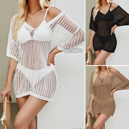 Loose Pullover Hollow Out Cutout out See through Loose Short Sleeve Drop Shoulder Texture Bikini Short Sun Protective Clothing Crochet hook