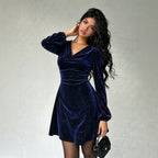 Swing Collar Velvet Dress Women Sequined Design Waist Tight Slimming Puff Sleeve A line Dress Yiskiss