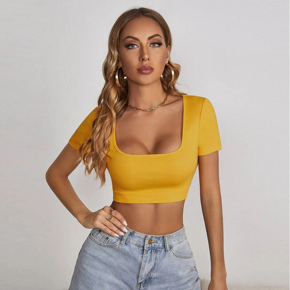 Women Clothing Summer New Square Collar cropped T-shirt Sexy Slim Street Short Sleeve Yiskiss