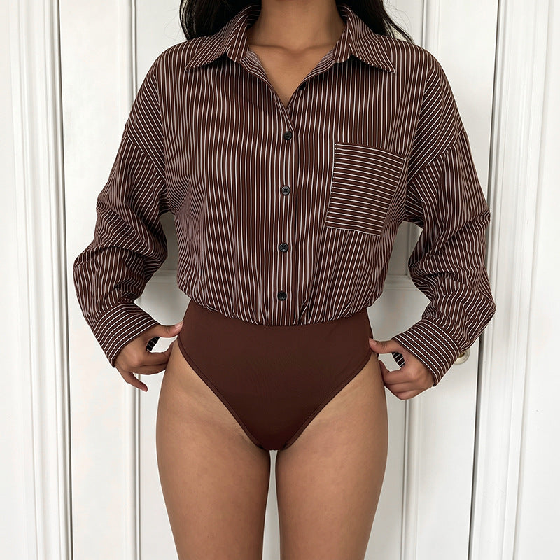 Shirt Jumpsuit Autumn Winter Long Sleeve Striped Stitching Office Casual Jumpsuit Women Jeme