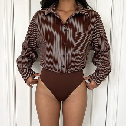 Shirt Jumpsuit Autumn Winter Long Sleeve Striped Stitching Office Casual Jumpsuit Women Jeme