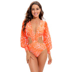 Swimsuit Backless Long Sleeve One Piece Swimsuit High Waist Tied V neck Swimsuit Women Bikini
