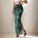 Women Clothing Summer Printed Skirt Sexy Side Split Slimming All-Matching Graceful Long Skirt George