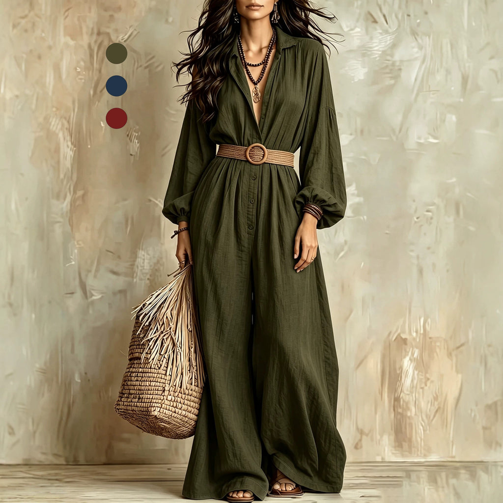 Bohemian Shirt Jumpsuit Graceful Puff Sleeve Wide Leg Long Jumpsuit with Belt Venly