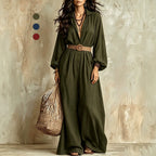 Bohemian Shirt Jumpsuit Graceful Puff Sleeve Wide Leg Long Jumpsuit with Belt Venly