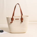 Bolso de un solo hombro tejido con hilo de algodón, bolso de paja de gran capacidad, bolso de playa para vacaciones para mujer 
