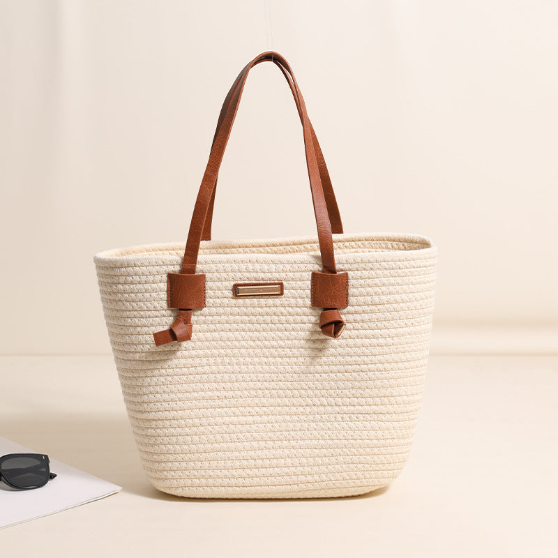 Bolso de un solo hombro tejido con hilo de algodón, bolso de paja de gran capacidad, bolso de playa para vacaciones para mujer 