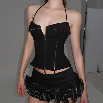 Sexy Street Shooting Design Short Zipper Corset Slim Halter Vest Winmin