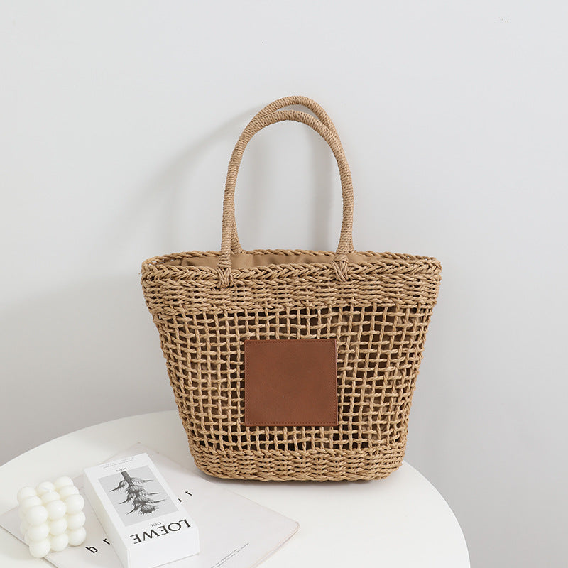 Bolso de paja tailandés de nicho, retro, de un solo hombro, portátil, con aberturas, tejido, para mujer, para vacaciones en la playa 