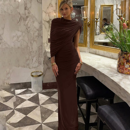 Women Clothing Summer Oblique Shoulder Design Skinny Sheath Pleated Irregular Asymmetric Dress