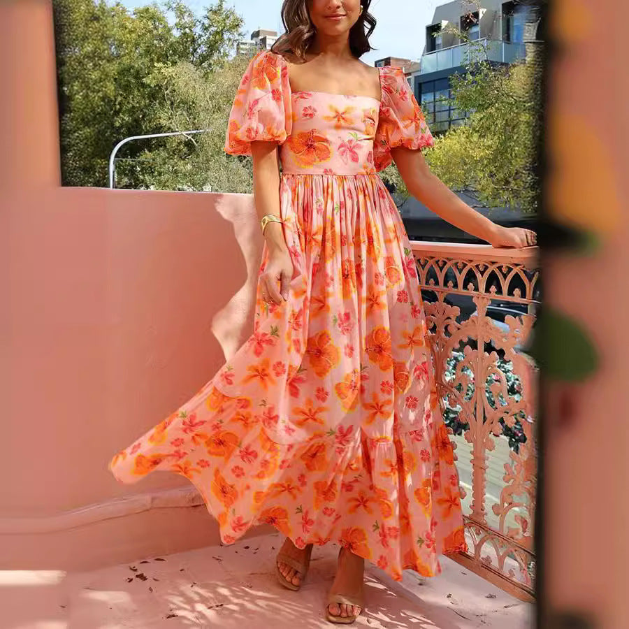 Spring Summer Summer Bubble Sleeve Square Collar Printing A Line High Waist Dress Women Havill