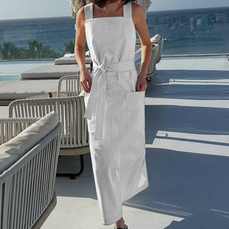 Autumn Sleeveless Sexy Backless Solid Color Mid Length Strap Dress CONY