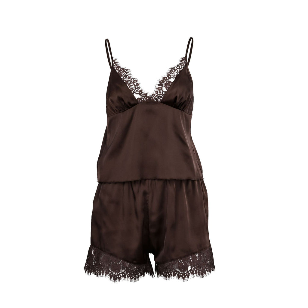 Women Pajamas Satin Stitching Lace Suspender Shorts Two Piece Set Summer Loungewear Meiyas