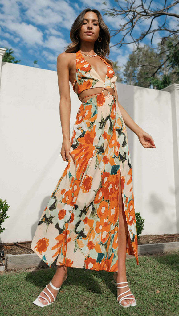 Exclusive for Women V neck Halter Backless High Split Hemline at Hem Maxi Dress VIVIAN