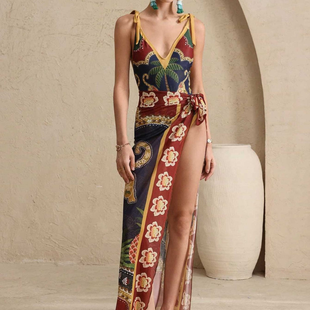 Women Printing Swimsuit Slit Beach Swimsuit Set OLam
