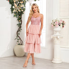 Pink Chiffon Stitching Sequined Three Layer Pleated Midi Dress Spring Summer Thin Strap Stitching Women Elegant Dress HENGACHI