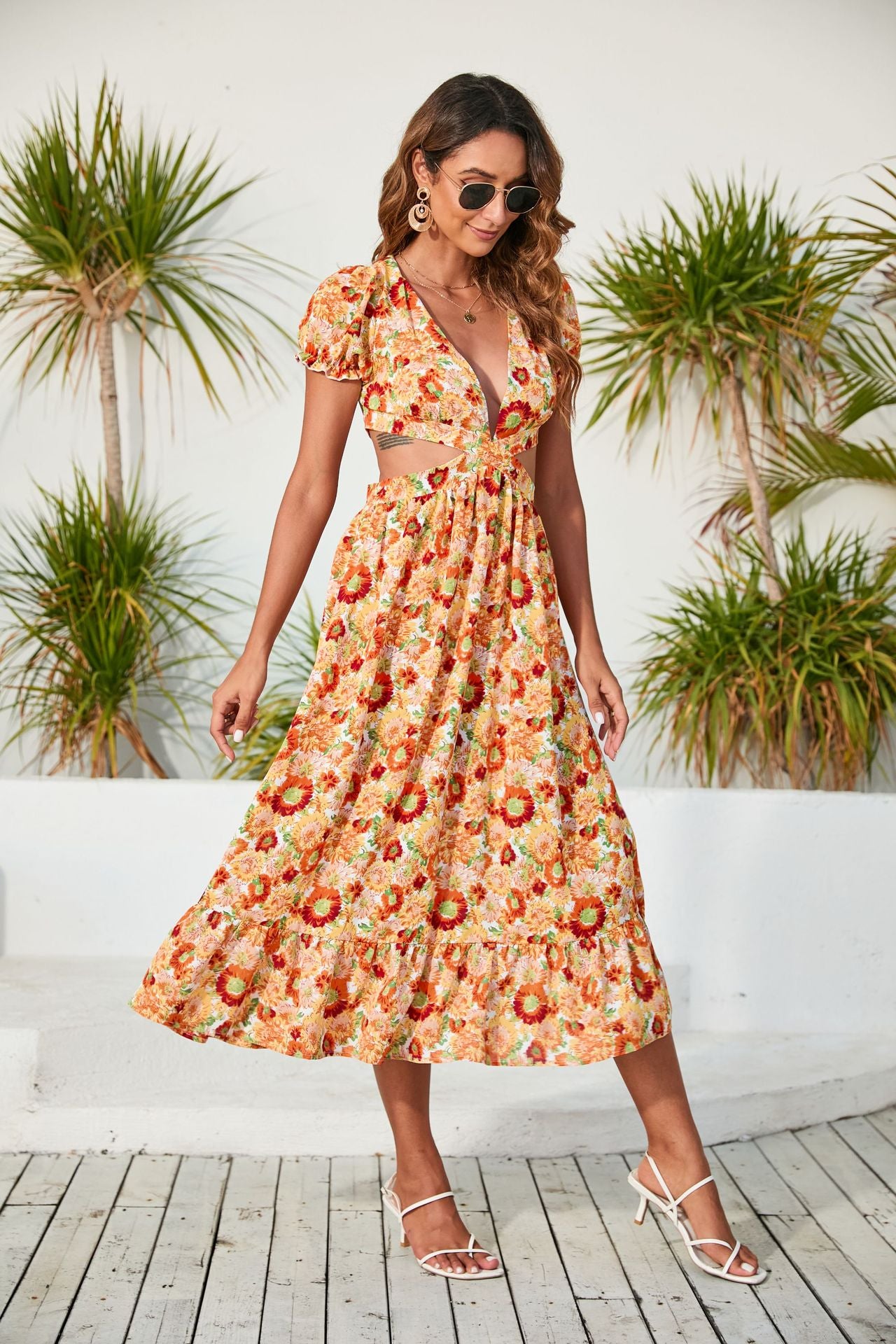 Spring Summer Women Clothing V Neck Printed Dress Backless Midi Dress Inly